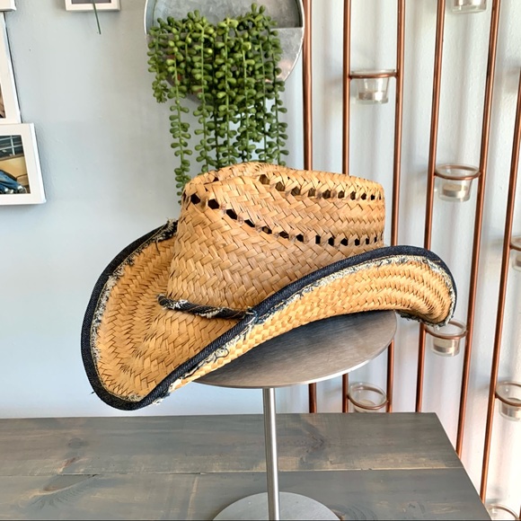 Accessories - Cowboy Hat Straw with Blue Denim Ribbon Trim